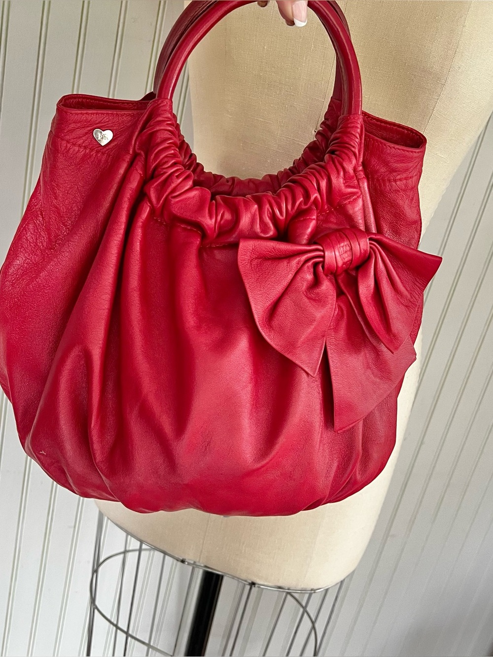 Felix Rey Red Leather Bow Bag Bowling Satchel Style Bag